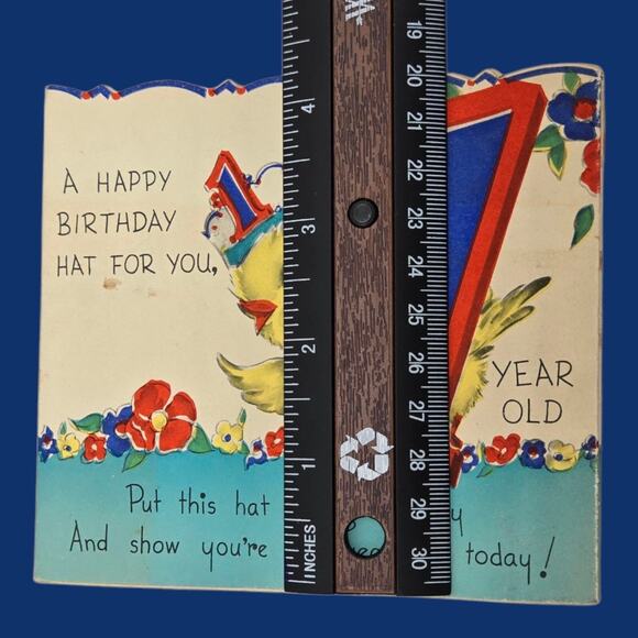 1942 Pop Up 1 year-old Birthday Hat Chick Duck Vintage Rust Craft Die-Cut Card - Picture 9 of 11